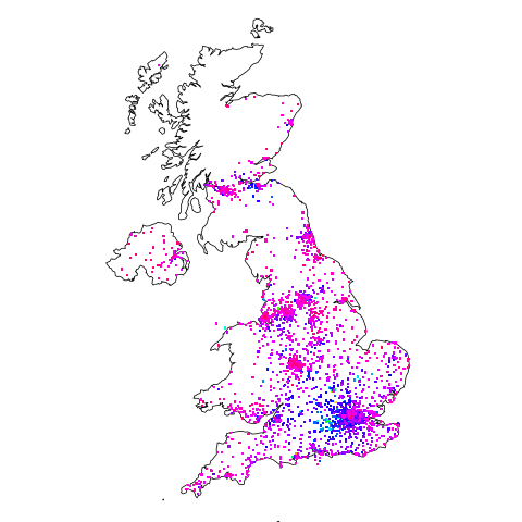 Heatmap of relative percentage of computer companies in respective outcodes.