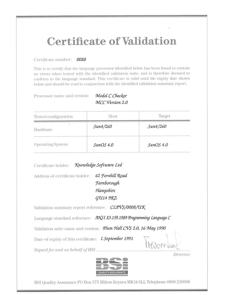 Model Implementation C validation certificate.